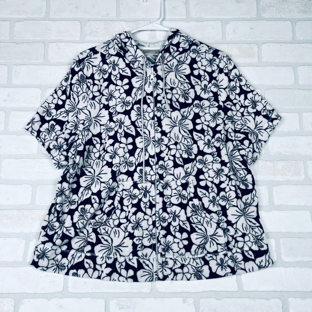 Venezia Sport Womens Black White Hibiscus‎ Floral Terry Cloth Zip Hoodie 14/16